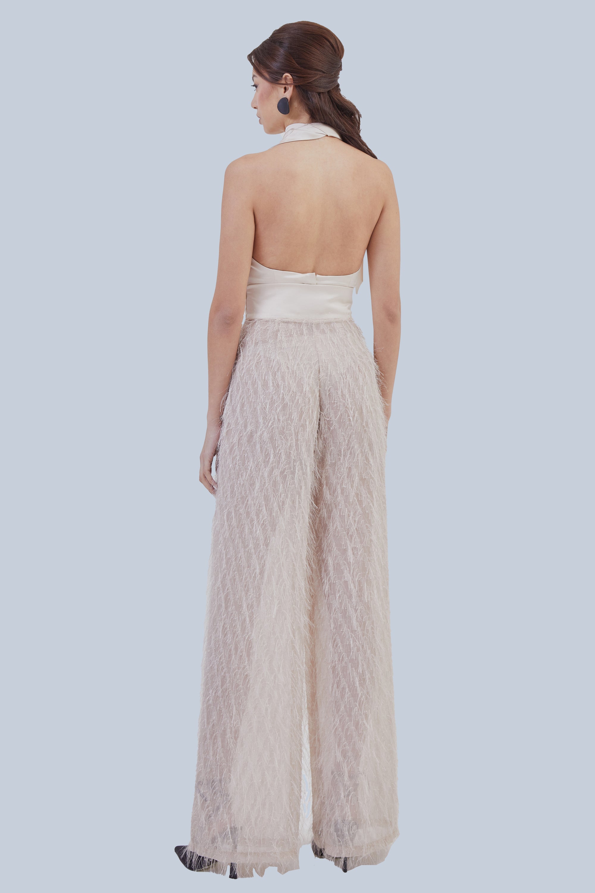 Pantalone palazzo vita alta tessuto piumetta e raso - WHITNEY